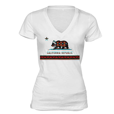 XtraFly Apparel Women's Aztec Tribal Native Bear California Pride V-neck Short Sleeve T-shirt