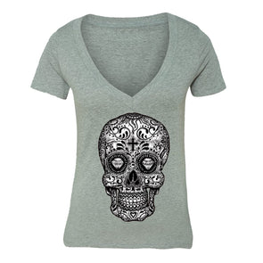 XtraFly Apparel Women's Diamond Cross Muerte Skulls Day Of Dead V-neck Short Sleeve T-shirt