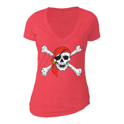 XtraFly Apparel Women's Jolly Roger Rodger Pirate Skulls Day Of Dead V-neck Short Sleeve T-shirt