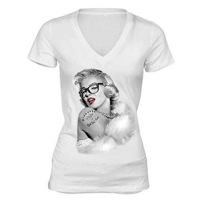 XtraFly Apparel Women's Nerdy Glasses Marilyn Monroe V-neck Short Sleeve T-shirt