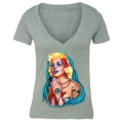 XtraFly Apparel Women's Guadalupe Dia Los Muertos Marilyn Monroe V-neck Short Sleeve T-shirt