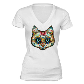 XtraFly Apparel Women's Cat Muerte Sugarskull Skulls Day Of Dead V-neck Short Sleeve T-shirt