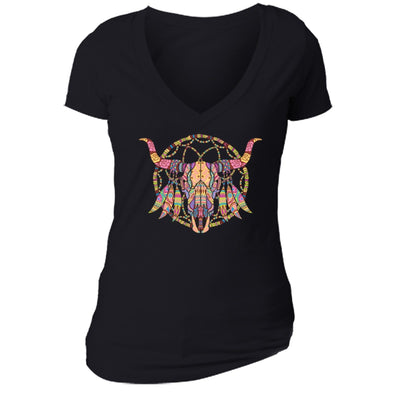 XtraFly Apparel Women's Cow Skull Dreamcatcher Pink Tribal Animal V-neck Short Sleeve T-shirt