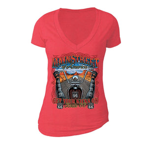 XtraFly Apparel Women's Get Your Kicks On Route 66 Biker Motorcycle V-neck Short Sleeve T-shirt