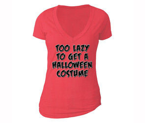 XtraFly Apparel Women's Too Lazy to Get Costume Halloween Pumpkin V-neck Short Sleeve T-shirt