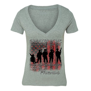 XtraFly Apparel Women's Greater Love USA Military Pow Mia V-neck Short Sleeve T-shirt