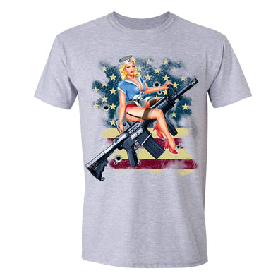 XtraFly Apparel Men's Navy Rifle USA Flag 2nd Amendment Crewneck Short Sleeve T-shirt