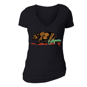 XtraFly Apparel Women's Surfing Bear California Pride V-neck Short Sleeve T-shirt