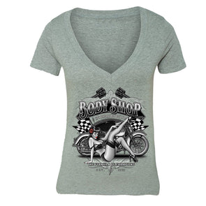 XtraFly Apparel Women's Body Shop Girl Biker Motorcycle V-neck Short Sleeve T-shirt