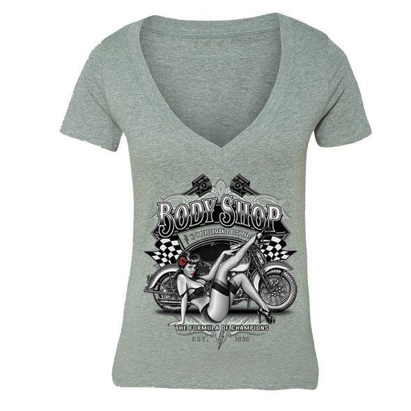 XtraFly Apparel Women's Body Shop Girl Biker Motorcycle V-neck Short Sleeve T-shirt