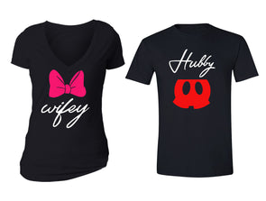 XtraFly Apparel Hubby Wifey Pink Bow Valentine's Matching Couples Short Sleeve T-shirt
