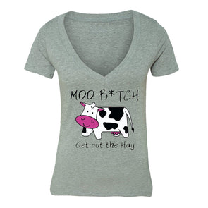 XtraFly Apparel Women's Moo B*tch Get Out Cow Novelty Gag V-neck Short Sleeve T-shirt