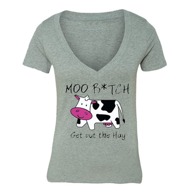 XtraFly Apparel Women's Moo B*tch Get Out Cow Novelty Gag V-neck Short Sleeve T-shirt