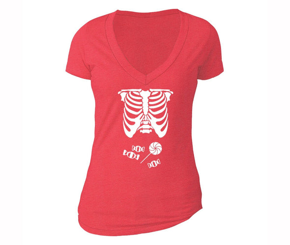 XtraFly Apparel Women's Skeleton Candy Belly Halloween Pumpkin V-neck Short Sleeve T-shirt