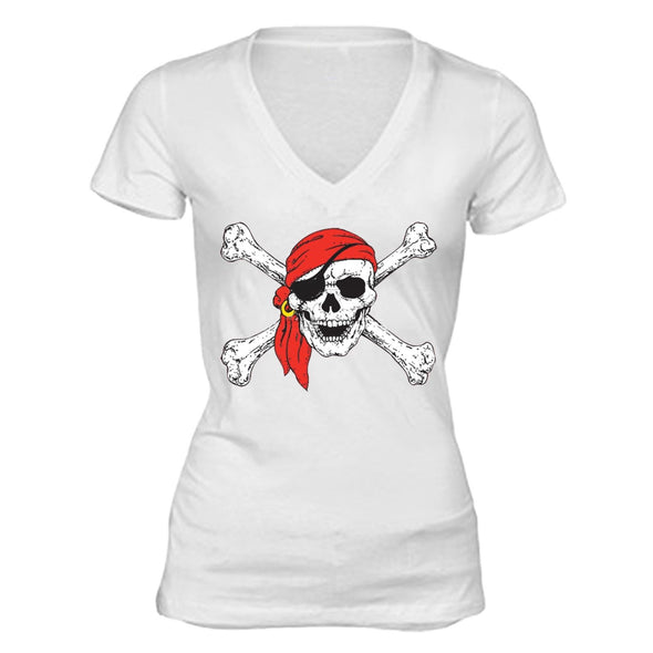 XtraFly Apparel Women's Jolly Roger Rodger Pirate Skulls Day Of Dead V-neck Short Sleeve T-shirt