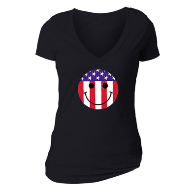 XtraFly Apparel Women's Smiley Emoji Flag American Pride V-neck Short Sleeve T-shirt