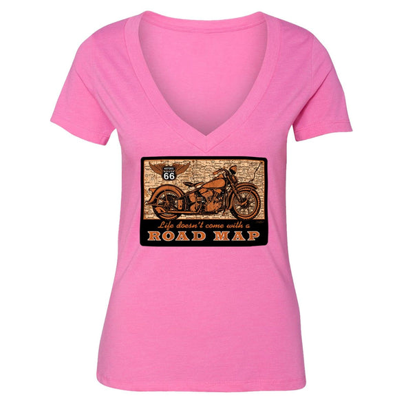 XtraFly Apparel Women's Road Map Route 66 Biker Motorcycle V-neck Short Sleeve T-shirt