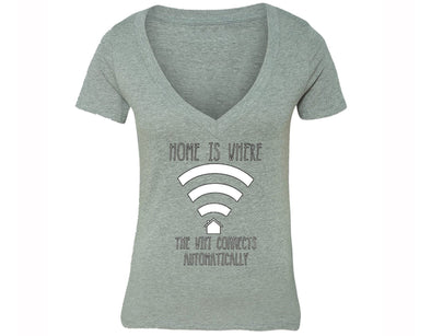 XtraFly Apparel Women's Home is Where the WIFI Novelty Gag V-neck Short Sleeve T-shirt