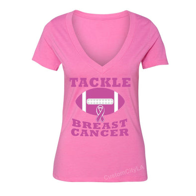 XtraFly Apparel Women's Tackle Pink Football Breast Cancer Ribbon V-neck Short Sleeve T-shirt