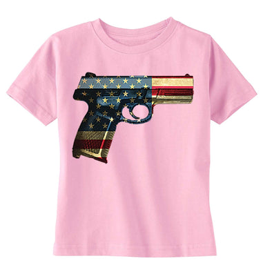 XtraFly Apparel Girls Gun Pistol Flag American Pride Crewneck Short Sleeve T-shirt