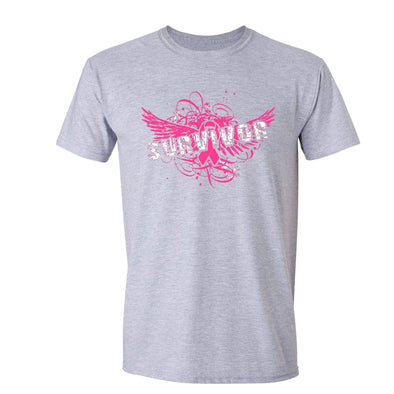 XtraFly Apparel Men's Survivor Pink Wings Breast Cancer Ribbon Crewneck Short Sleeve T-shirt