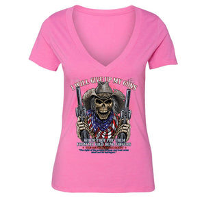 XtraFly Apparel Women's Give up Guns Skull Flag 2nd Amendment V-neck Short Sleeve T-shirt