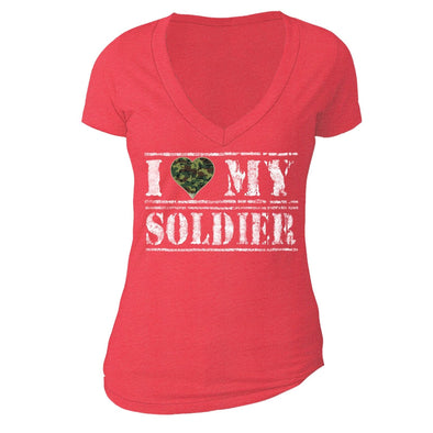 XtraFly Apparel Women's I Love Soldier Camo Military Pow Mia V-neck Short Sleeve T-shirt