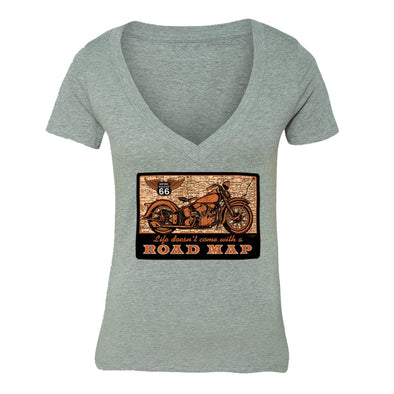 XtraFly Apparel Women's Road Map Route 66 Biker Motorcycle V-neck Short Sleeve T-shirt