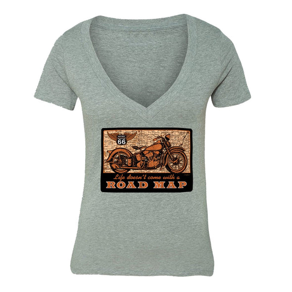 XtraFly Apparel Women's Road Map Route 66 Biker Motorcycle V-neck Short Sleeve T-shirt