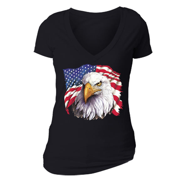 XtraFly Apparel Women's American Flag Distressed 4th of July V-neck Short Sleeve T-shirt