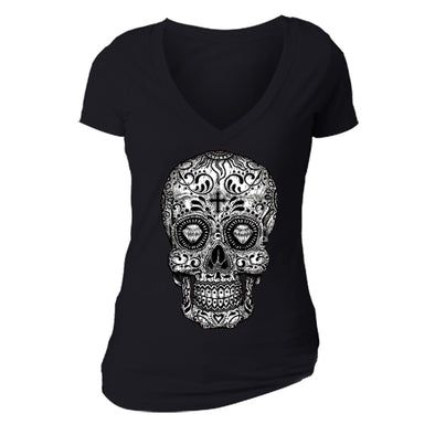 XtraFly Apparel Women's Diamond Cross Muerte Skulls Day Of Dead V-neck Short Sleeve T-shirt