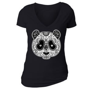 XtraFly Apparel Women's Panda Sugarskull Skulls Day Of Dead V-neck Short Sleeve T-shirt