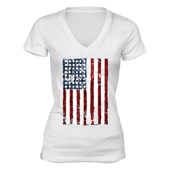 XtraFly Apparel Women's American Flag Distressed 4th of July V-neck Short Sleeve T-shirt