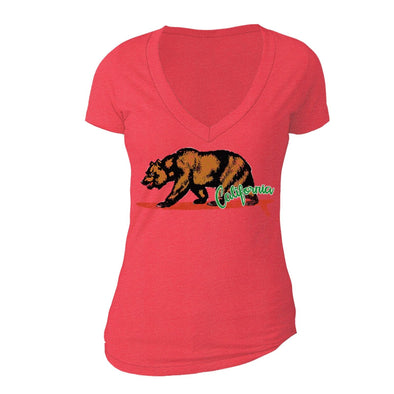 XtraFly Apparel Women's Surfing Bear California Pride V-neck Short Sleeve T-shirt