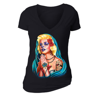 XtraFly Apparel Women's Guadalupe Dia Los Muertos Marilyn Monroe V-neck Short Sleeve T-shirt