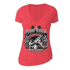 XtraFly Apparel Women's Body Shop Girl Biker Motorcycle V-neck Short Sleeve T-shirt