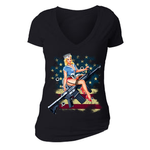 XtraFly Apparel Women's Navy Rifle USA Flag 2nd Amendment V-neck Short Sleeve T-shirt