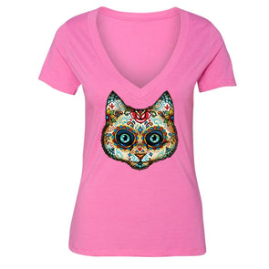 XtraFly Apparel Women's Cat Muerte Sugarskull Skulls Day Of Dead V-neck Short Sleeve T-shirt