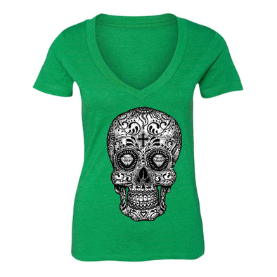 XtraFly Apparel Women's Diamond Cross Muerte Skulls Day Of Dead V-neck Short Sleeve T-shirt