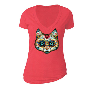 XtraFly Apparel Women's Cat Muerte Sugarskull Skulls Day Of Dead V-neck Short Sleeve T-shirt