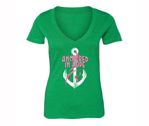 XtraFly Apparel Women's Anchored Hope Breast Cancer Ribbon V-neck Short Sleeve T-shirt