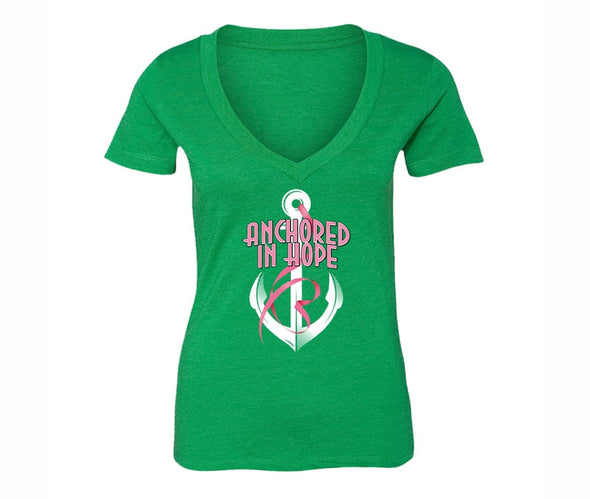 XtraFly Apparel Women's Anchored Hope Breast Cancer Ribbon V-neck Short Sleeve T-shirt