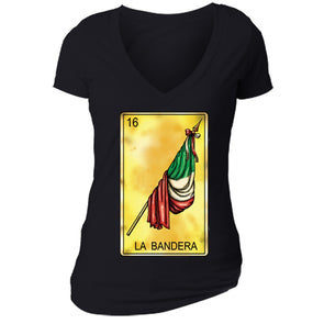 XtraFly Apparel Women's Loteria La Bandera Flag Mexican Heritage V-neck Short Sleeve T-shirt