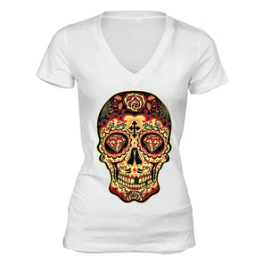 XtraFly Apparel Women's Diamond Sugarskull Cross Skulls Day Of Dead V-neck Short Sleeve T-shirt