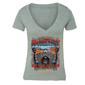 XtraFly Apparel Women's Get Your Kicks On Route 66 Biker Motorcycle V-neck Short Sleeve T-shirt