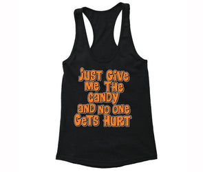 XtraFly Apparel Women's Just Give Me the Candy Halloween Pumpkin Racer-back Tank-Top