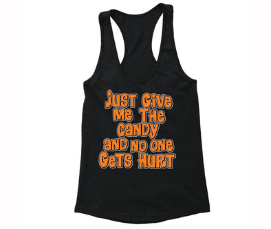 XtraFly Apparel Women's Just Give Me the Candy Halloween Pumpkin Racer-back Tank-Top