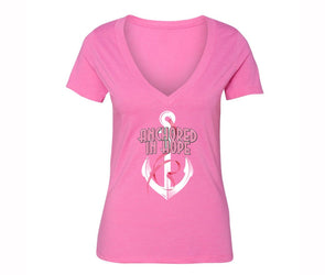 XtraFly Apparel Women's Anchored Hope Breast Cancer Ribbon V-neck Short Sleeve T-shirt