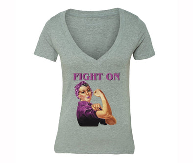 XtraFly Apparel Women's Rosie Riveter Fight Breast Cancer Ribbon V-neck Short Sleeve T-shirt