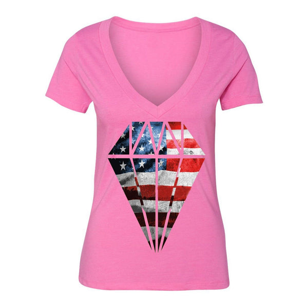 XtraFly Apparel Women's Flag Diamond Crystal American Pride V-neck Short Sleeve T-shirt